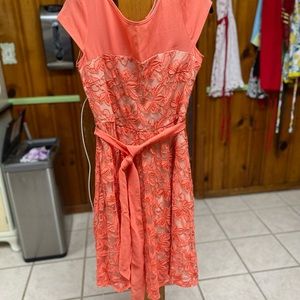 Danny and Nicole coral lace dress with tie belt size 4